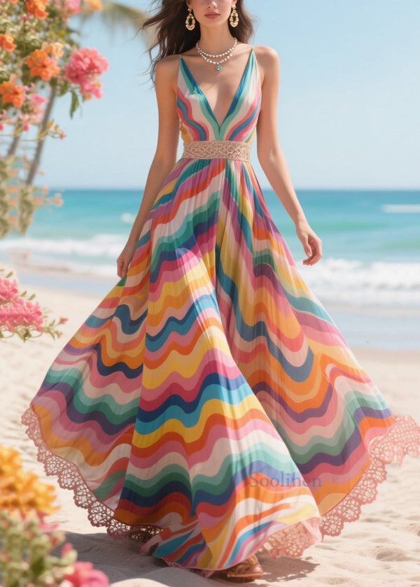 Style Rainbow Cinched Exra Large Hem Chiffon Beach Dress Summer