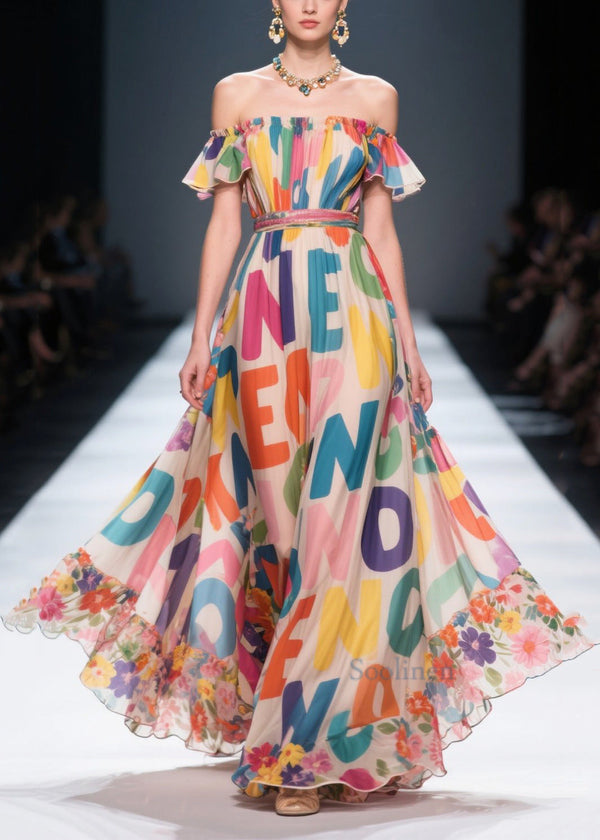 Women Cold Shoulder Letter Print Chiffon Beach Dresses Summer