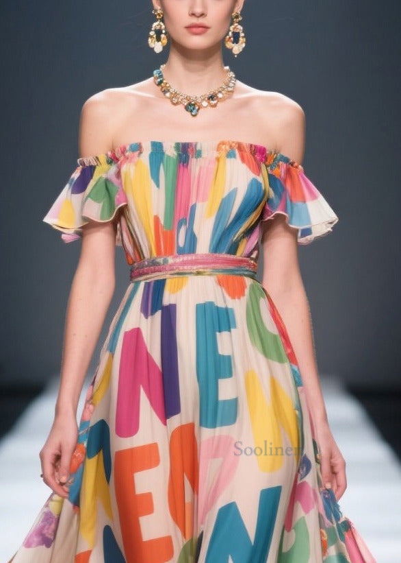 Women Cold Shoulder Letter Print Chiffon Beach Dresses Summer