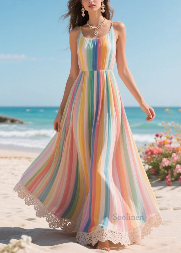 Women Rainbow Oversized Striped Chiffon Beach Dress Summer