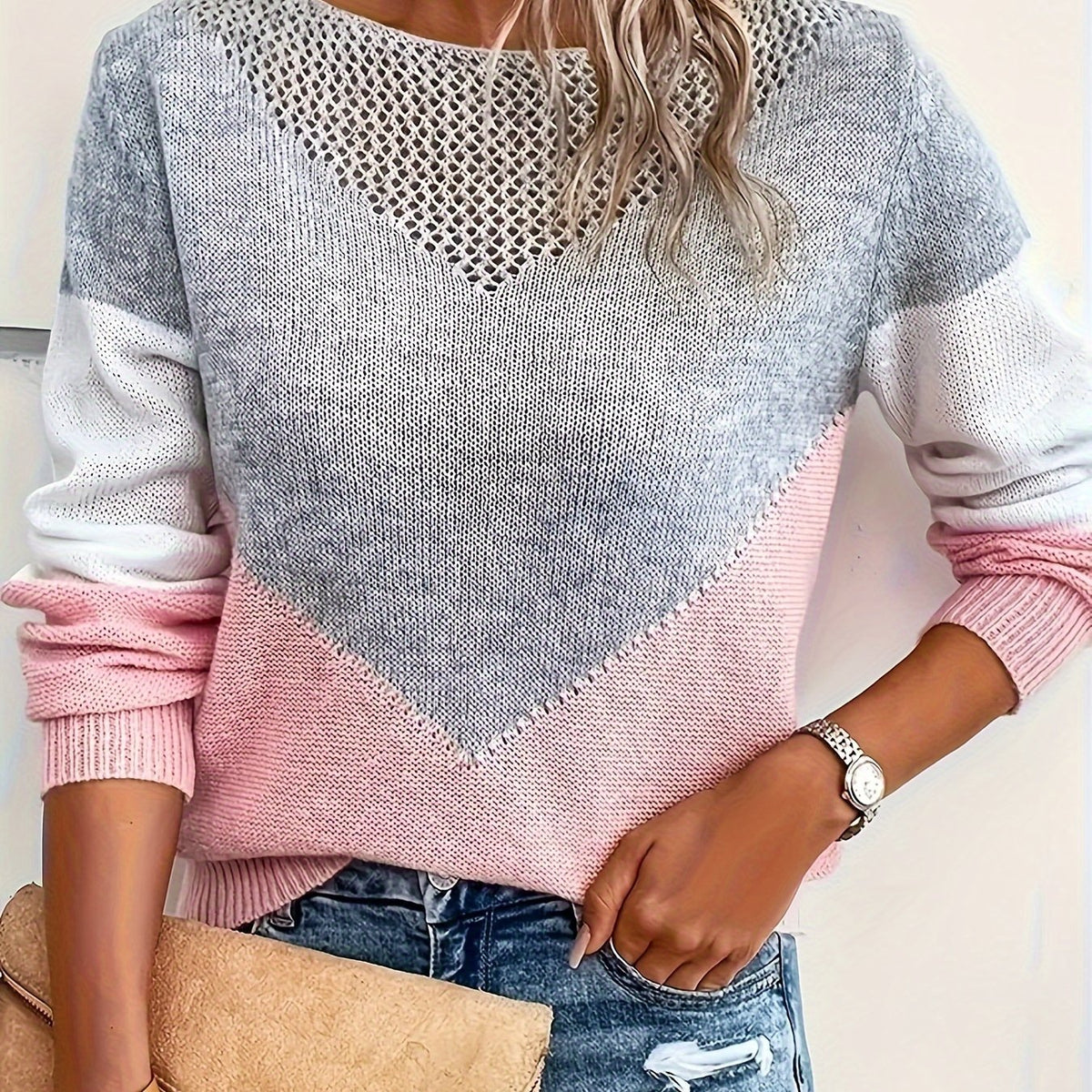 Casual V-Neck Color Block Sweater