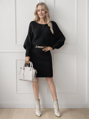 Ribbed Brown Puff Sleeve Dress