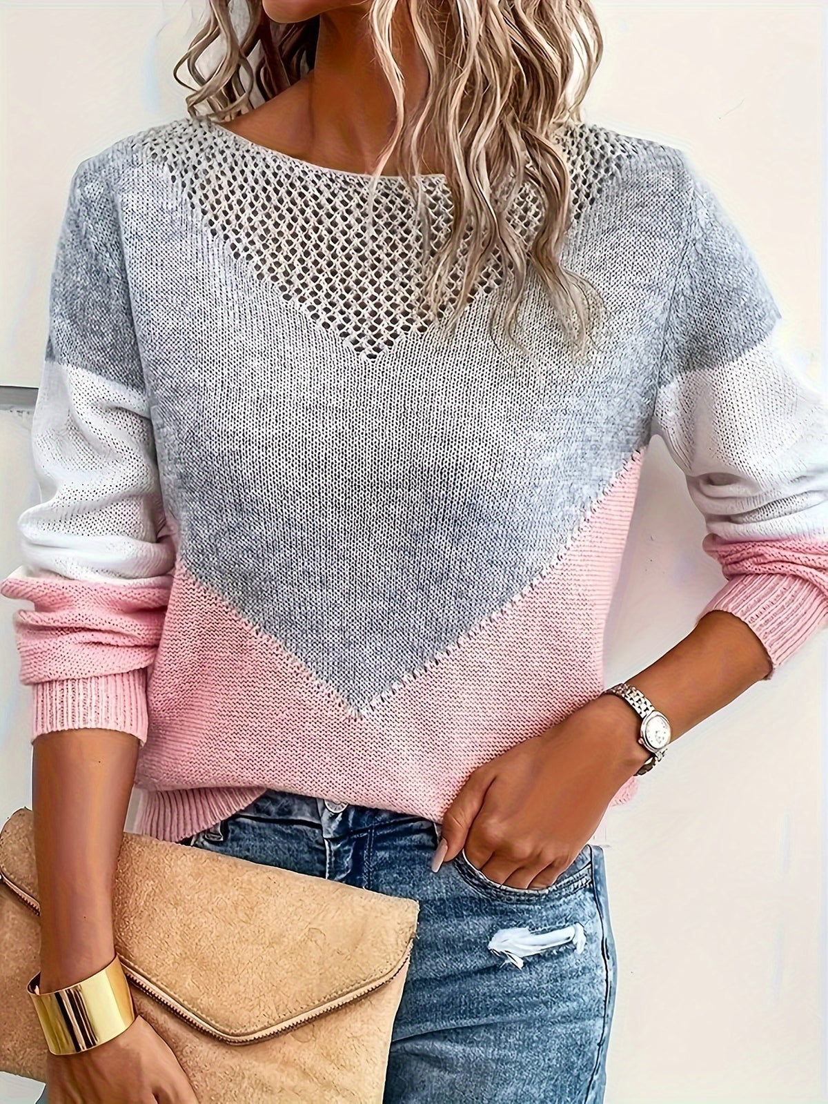 Casual V-Neck Color Block Sweater