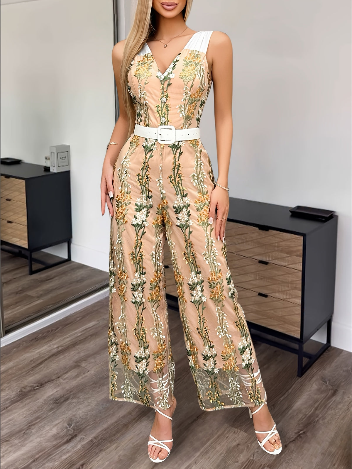Floral Embroidered V-Neck Jumpsuit