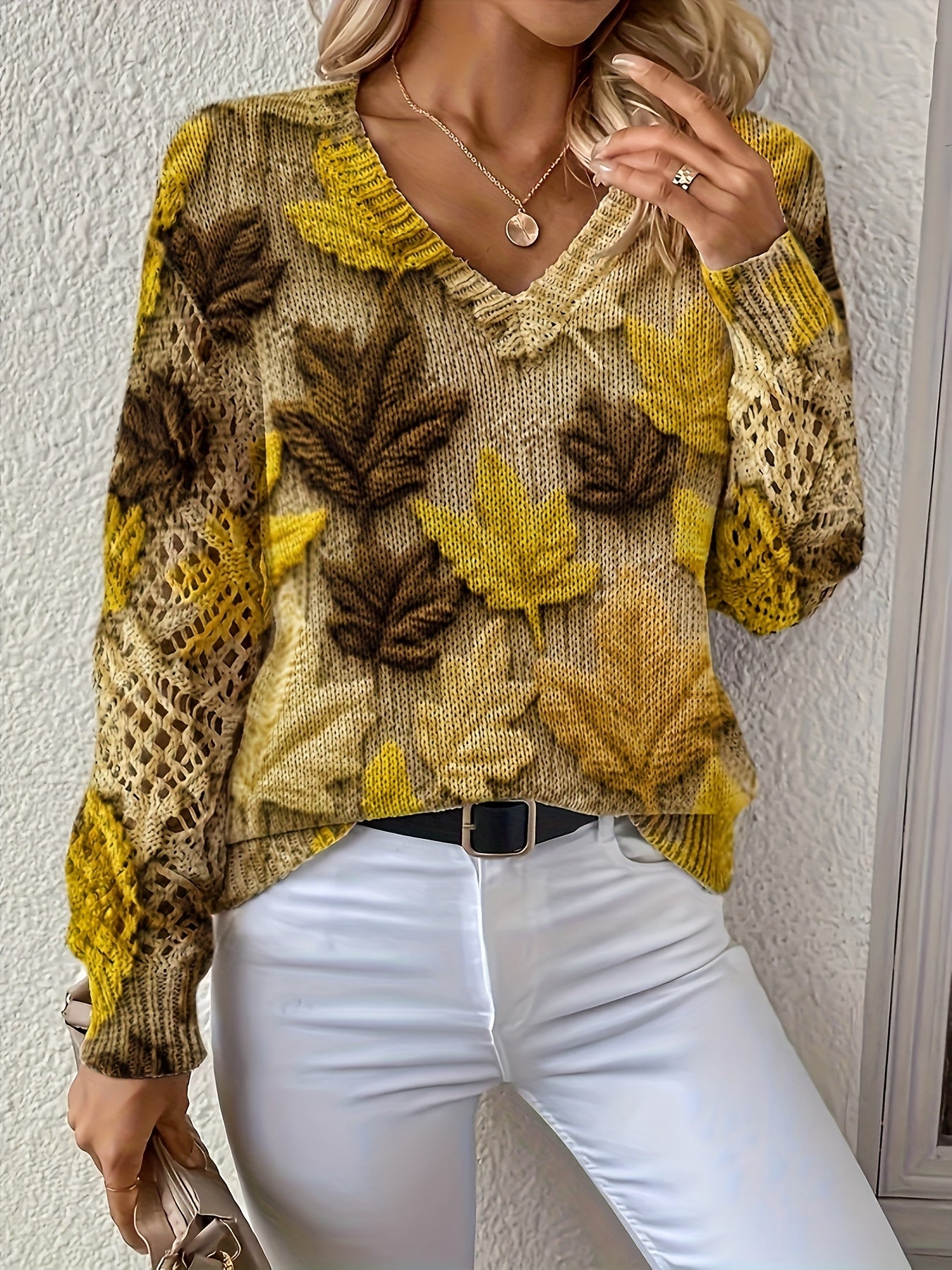 Bohemian V-Neck Maple Leaf Sweater