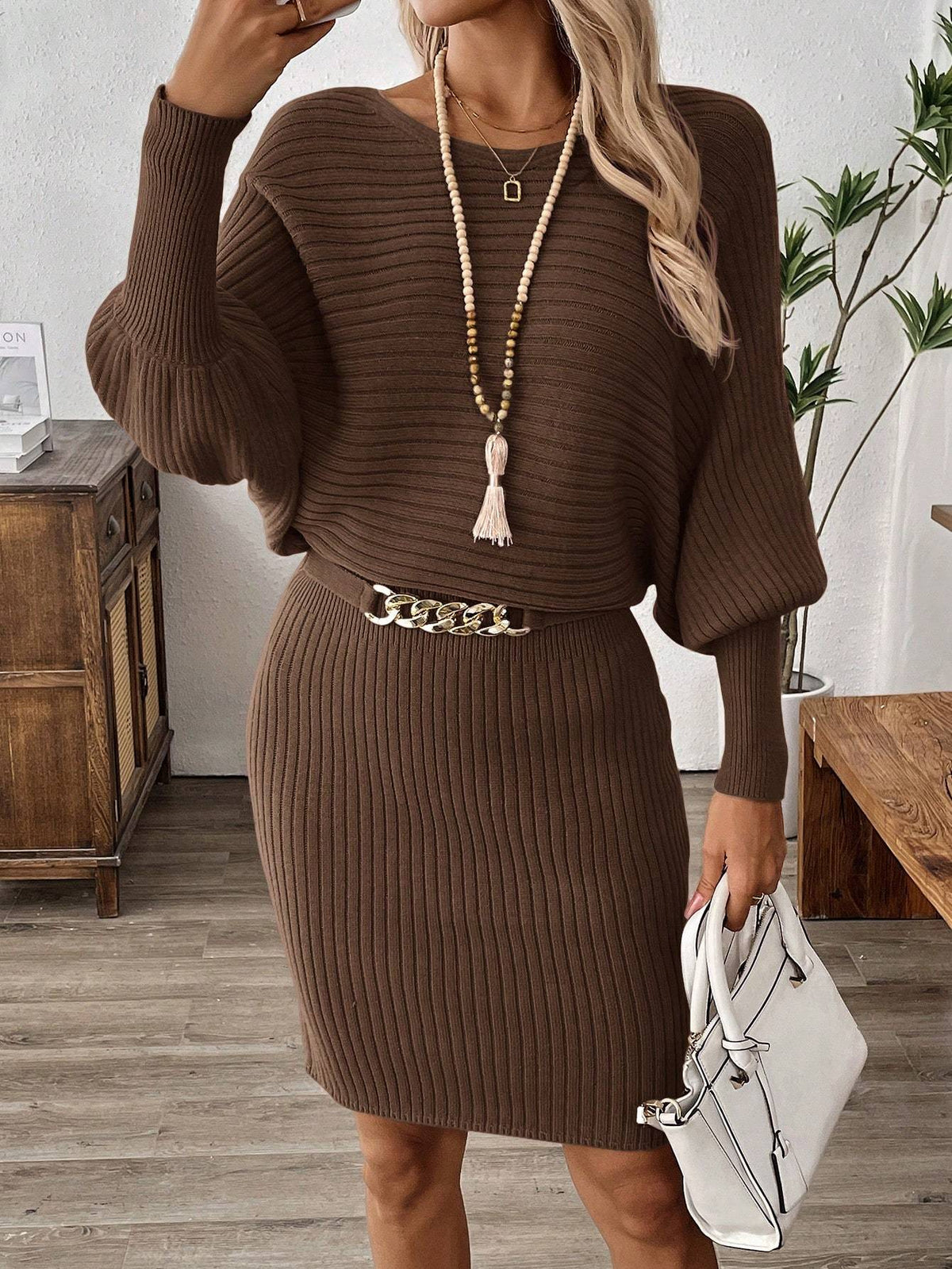 Ribbed Brown Puff Sleeve Dress