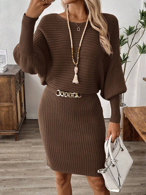 Ribbed Brown Puff Sleeve Dress