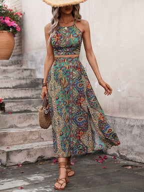 Retro Halter Neck & Slit Skirt Set
