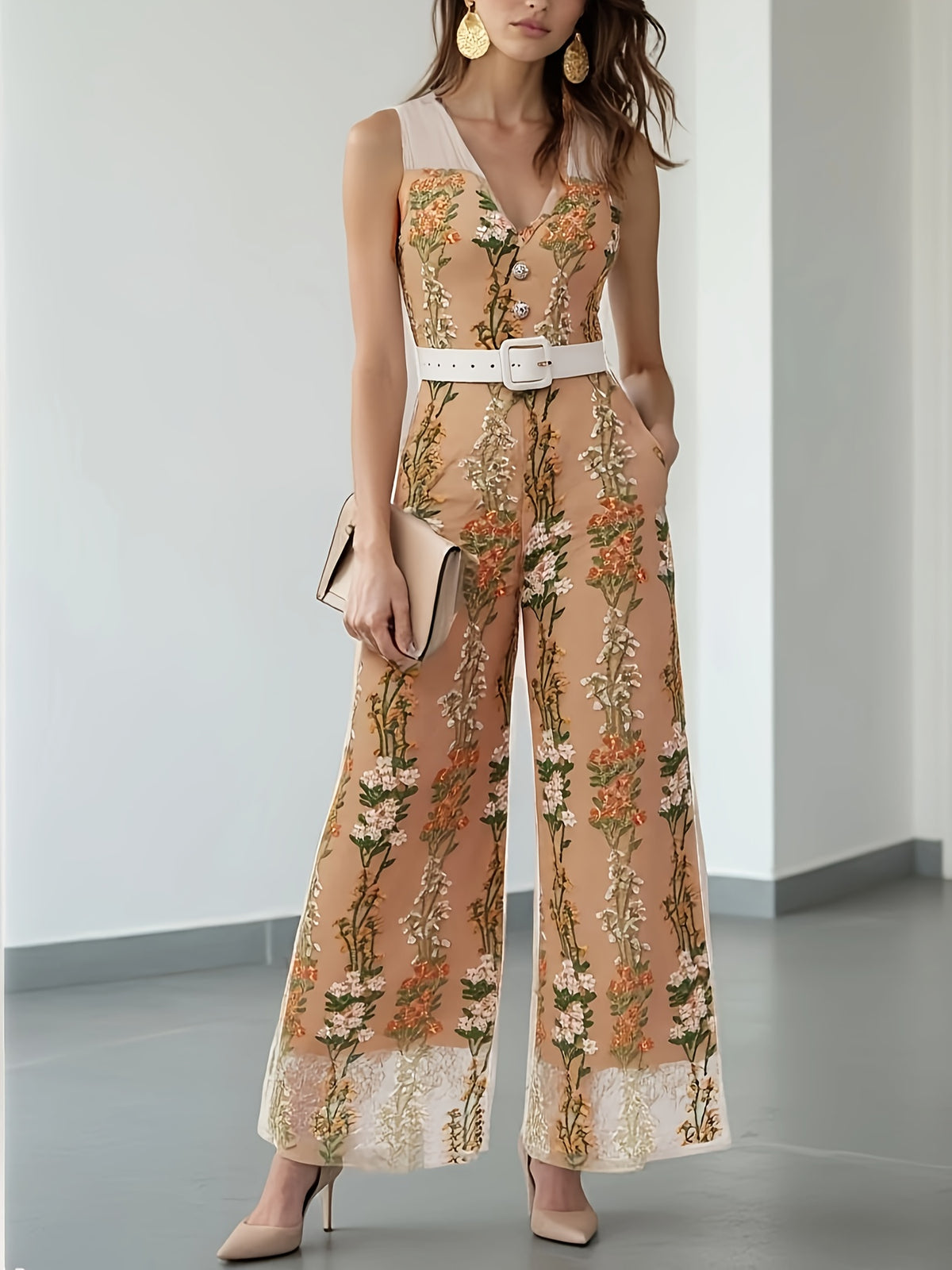 Floral Embroidered V-Neck Jumpsuit
