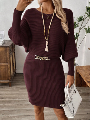 Ribbed Brown Puff Sleeve Dress