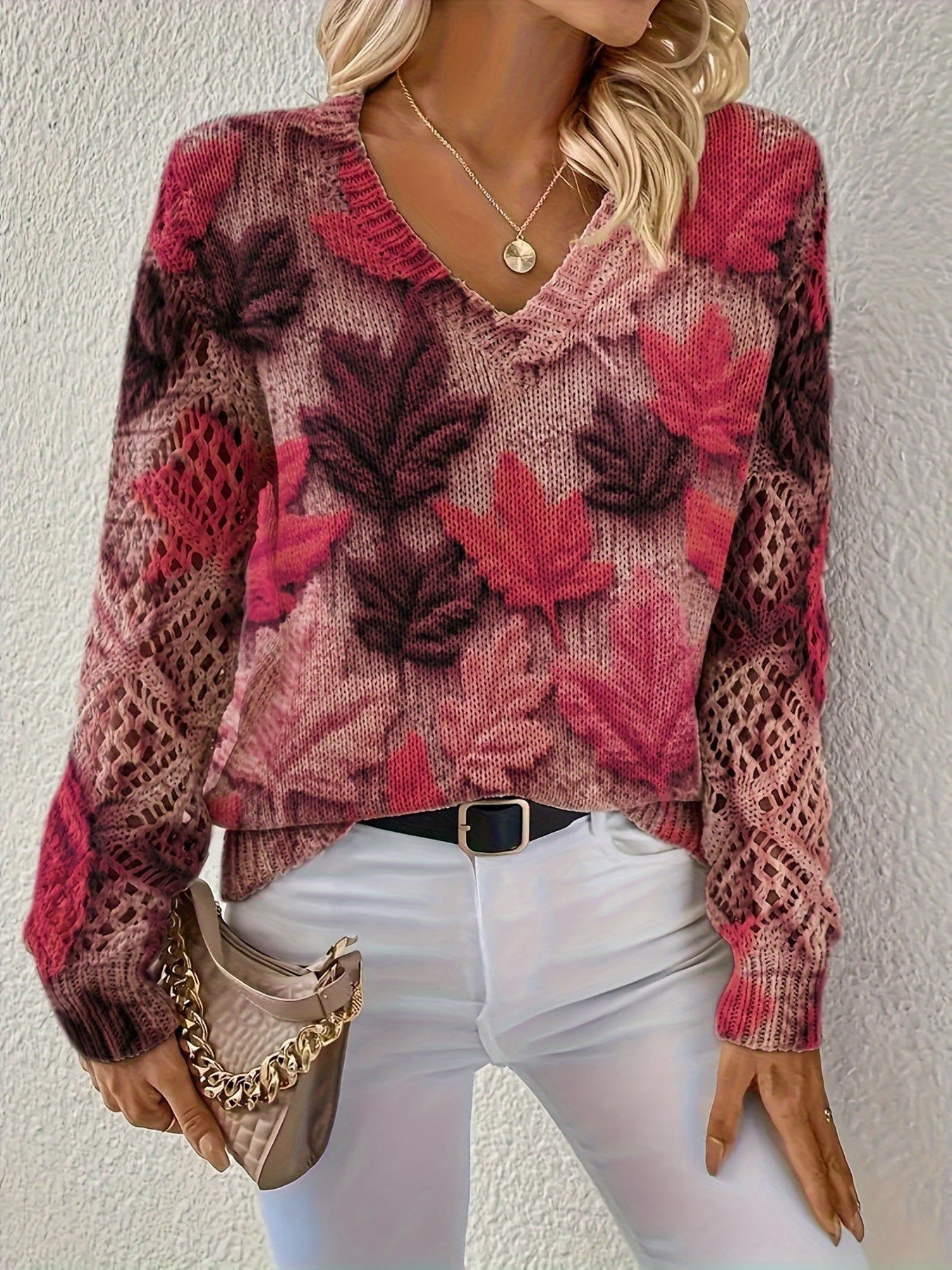 Bohemian V-Neck Maple Leaf Sweater